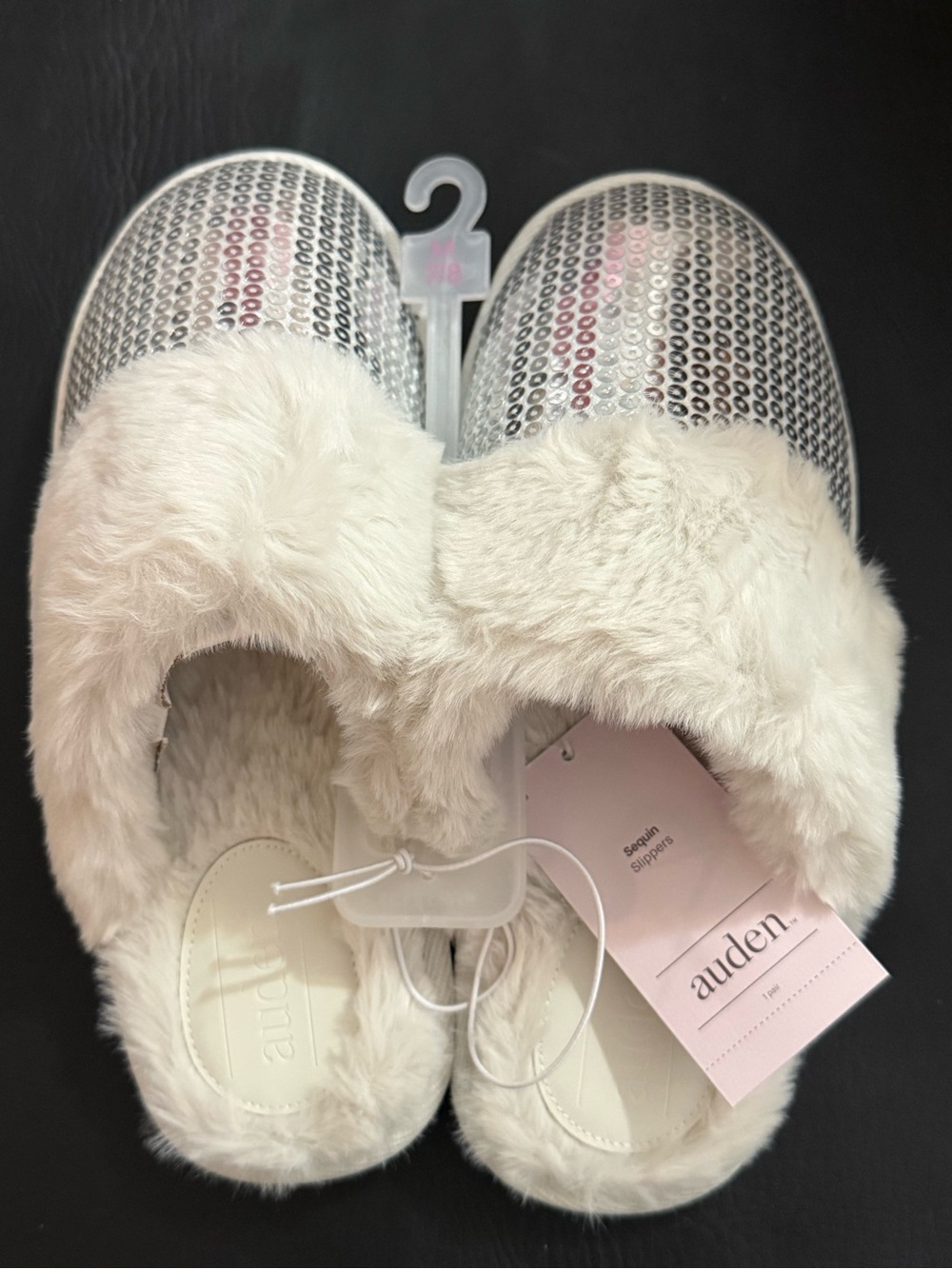 Auden Silver Sequin Faux-Fur Slip-On Women’s Slippers